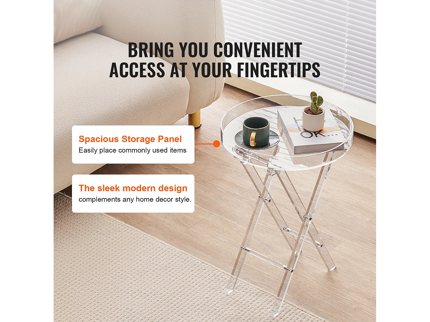 Table Pliante SucceBuy en Acrylique avec Pieds en X, Table d'Appoint pour Café, Boissons, Collations dans le Salon, la Chambre, le Bureau