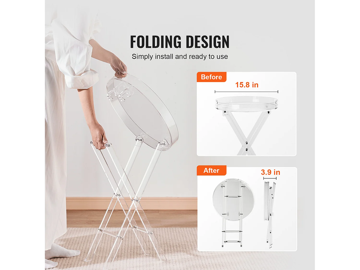 Table Pliante SucceBuy en Acrylique avec Pieds en X, Table d'Appoint pour Café, Boissons, Collations dans le Salon, la Chambre, le Bureau