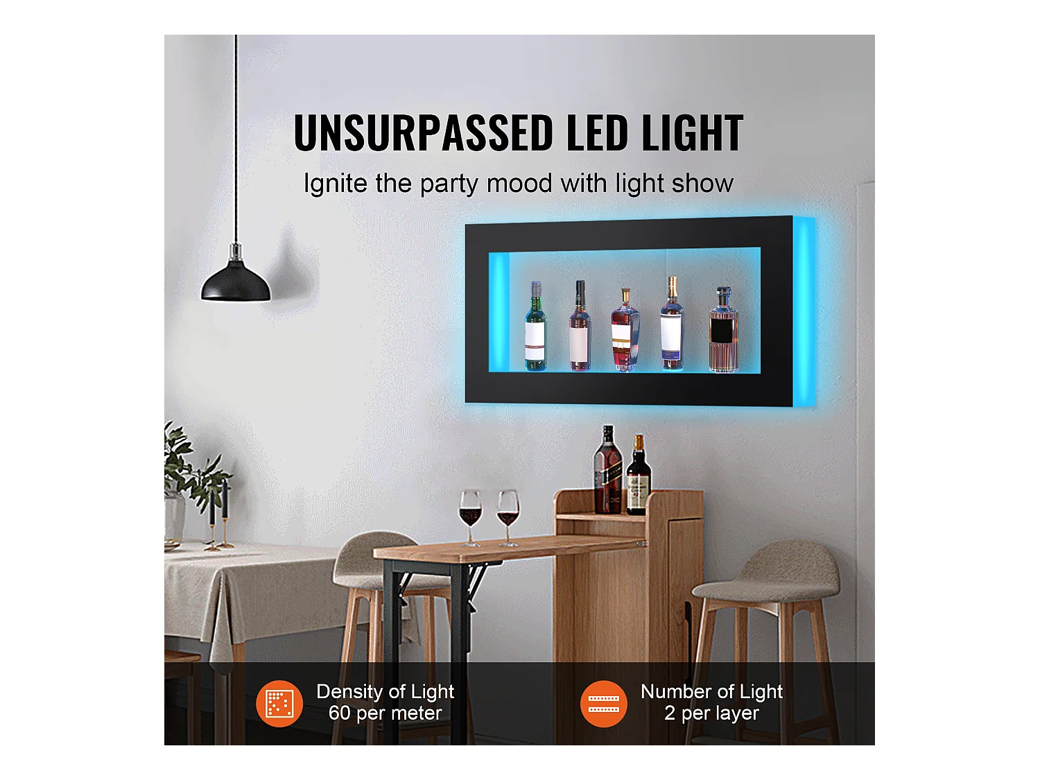 Étagère d'Affichage SucceBuy pour Bouteilles d'Alcool Éclairée par LED, 121 cm, Contrôle RF et Application