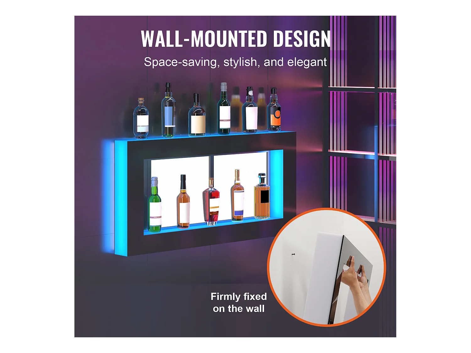 Étagère d'Affichage SucceBuy pour Bouteilles d'Alcool Éclairée par LED, 121 cm, Contrôle RF et Application