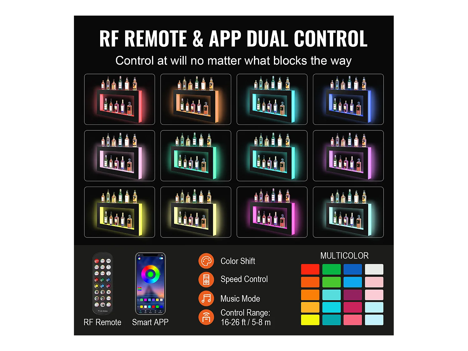 Étagère d'Affichage SucceBuy pour Bouteilles d'Alcool Éclairée par LED, 121 cm, Contrôle RF et Application