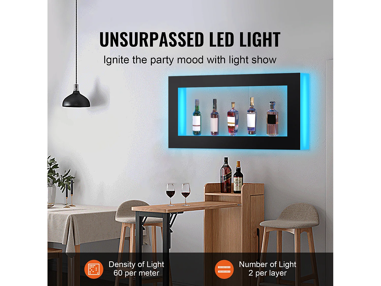 Étagère d'Affichage SucceBuy pour Bouteilles d'Alcool Éclairée par LED, 121 cm, Contrôle RF et Application