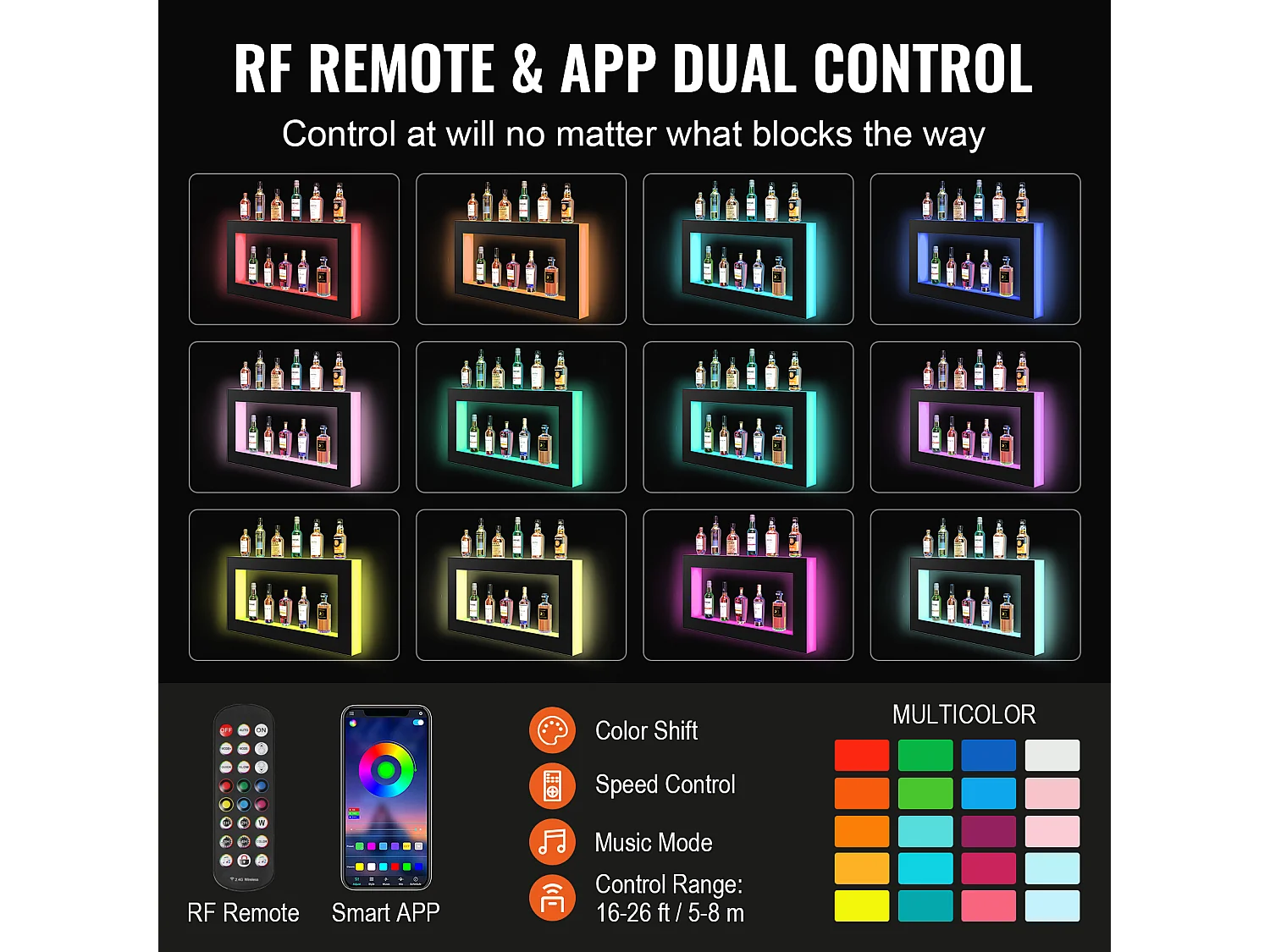 Étagère d'Affichage SucceBuy pour Bouteilles d'Alcool Éclairée par LED, 121 cm, Contrôle RF et Application