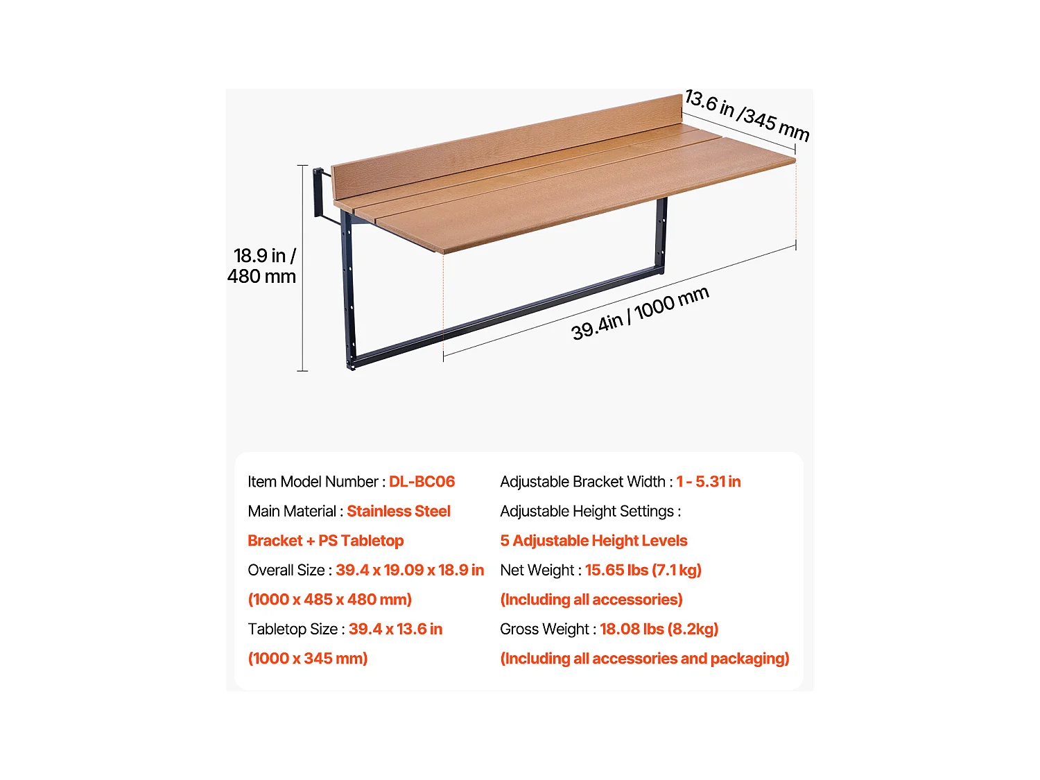 Table Suspendue SucceBuy pour Balcon 38 x 99cm avec Balustrade Réglable pour Patio Extérieur