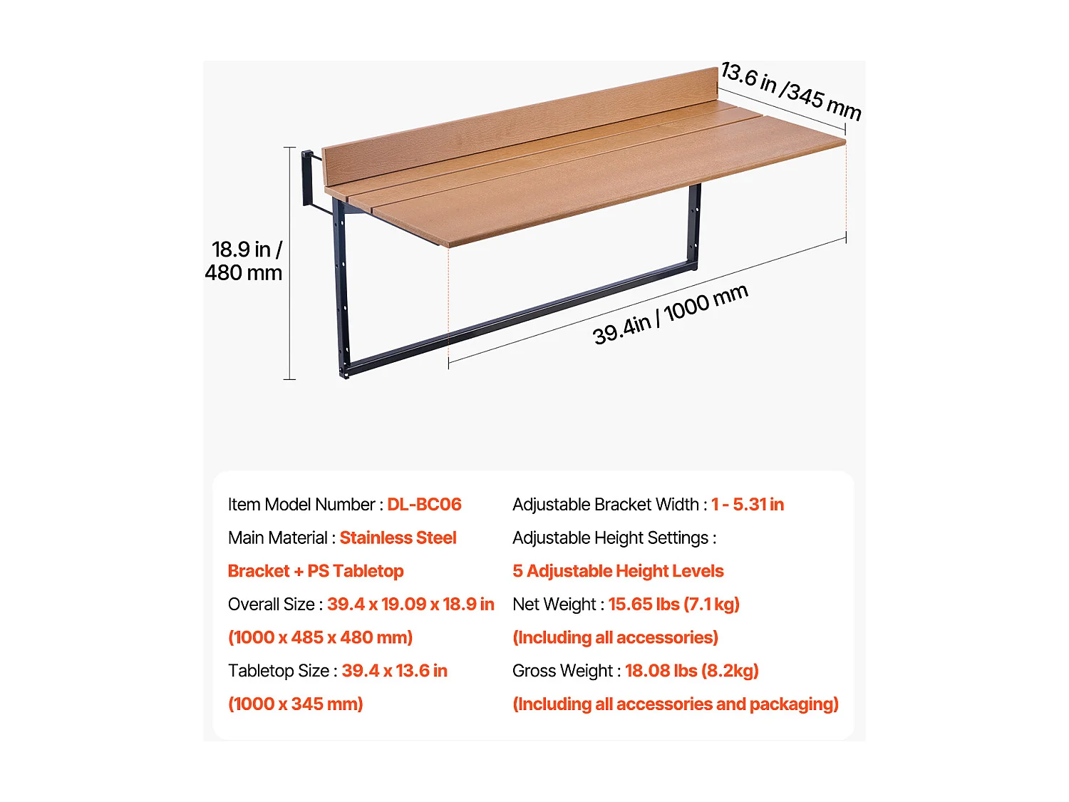 Table Suspendue SucceBuy pour Balcon 38 x 99cm avec Balustrade Réglable pour Patio Extérieur