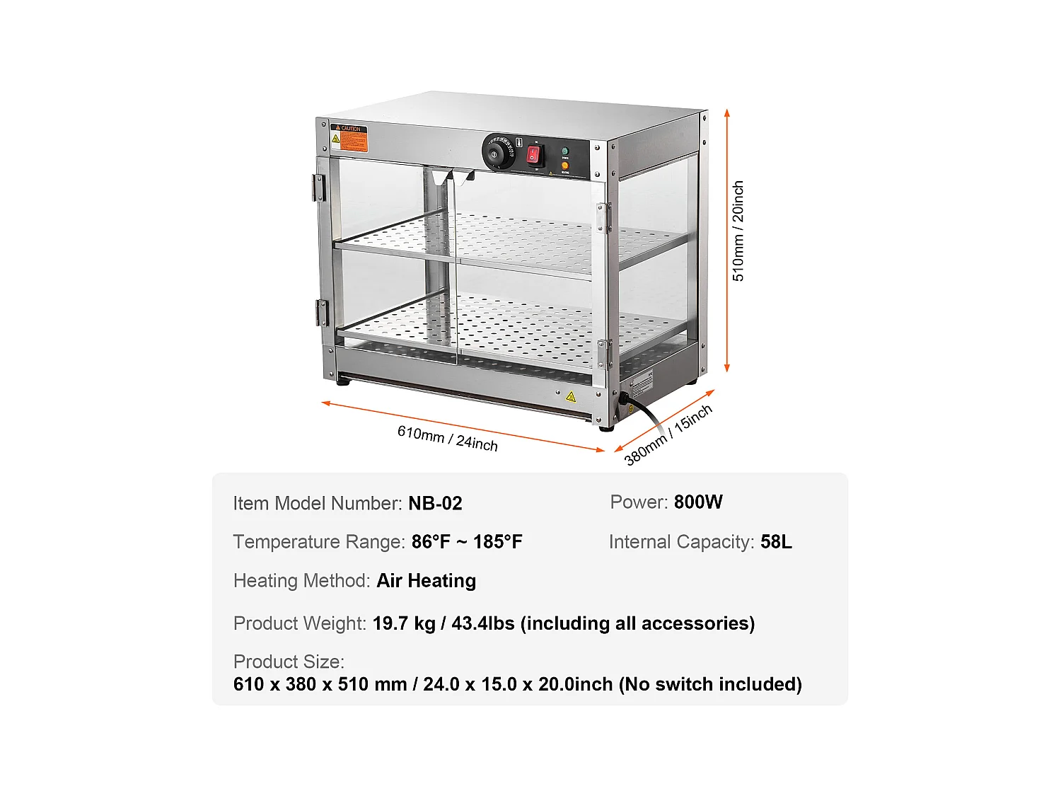 Vitrine Chauffante SucceBuy Commercial à 2 Niveaux avec Éclairage pour Pizza, Contrôle de la Température de 30 ℃ à 85 ℃
