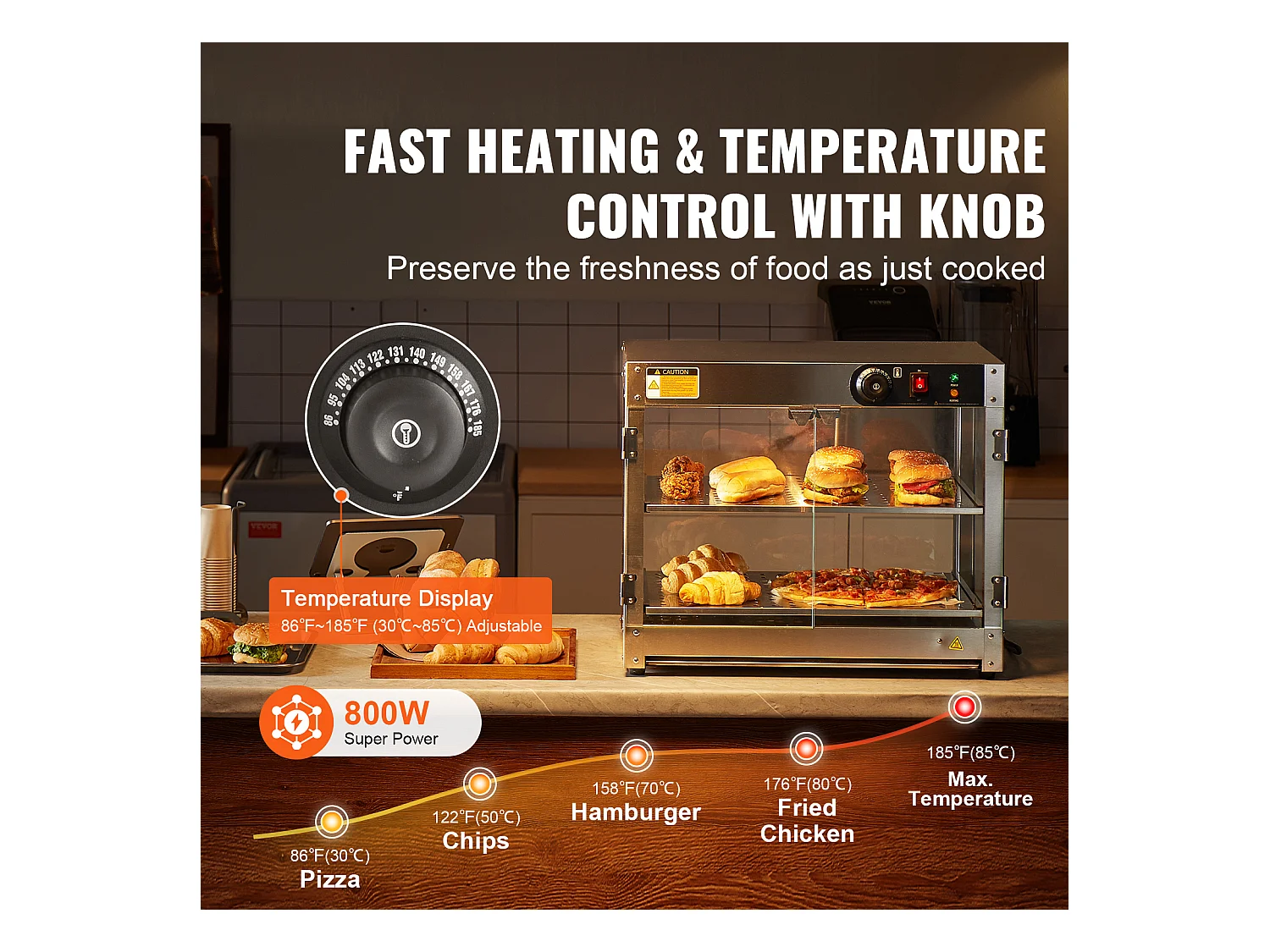 Vitrine Chauffante SucceBuy Commercial à 2 Niveaux avec Éclairage pour Pizza, Contrôle de la Température de 30 ℃ à 85 ℃