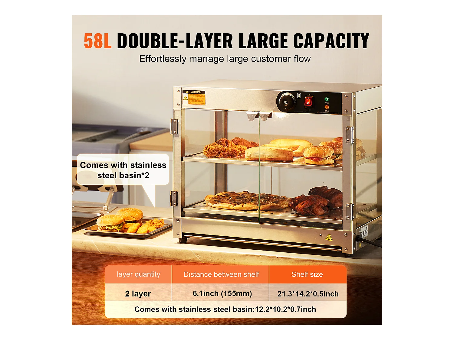 Vitrine Chauffante SucceBuy Commercial à 2 Niveaux avec Éclairage pour Pizza, Contrôle de la Température de 30 ℃ à 85 ℃