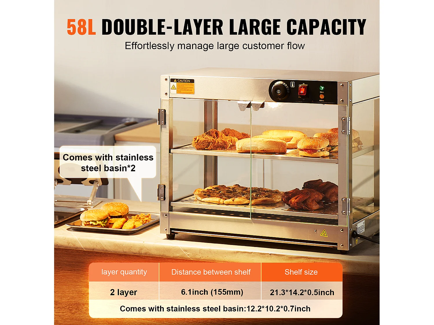 Vitrine Chauffante SucceBuy Commercial à 2 Niveaux avec Éclairage pour Pizza, Contrôle de la Température de 30 ℃ à 85 ℃