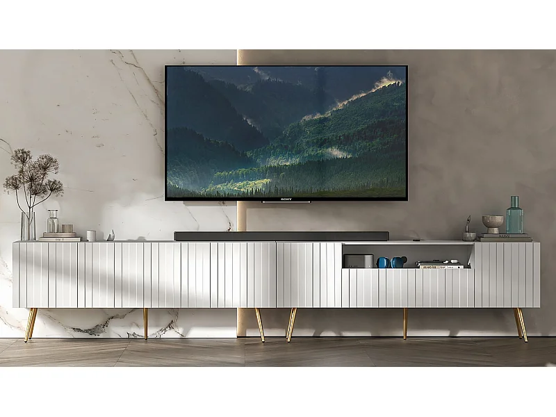 Meuble TV avec 7 portes et niche - Corps blanc mat, façades rainurées blanc mat - 300 cm, pieds dorés