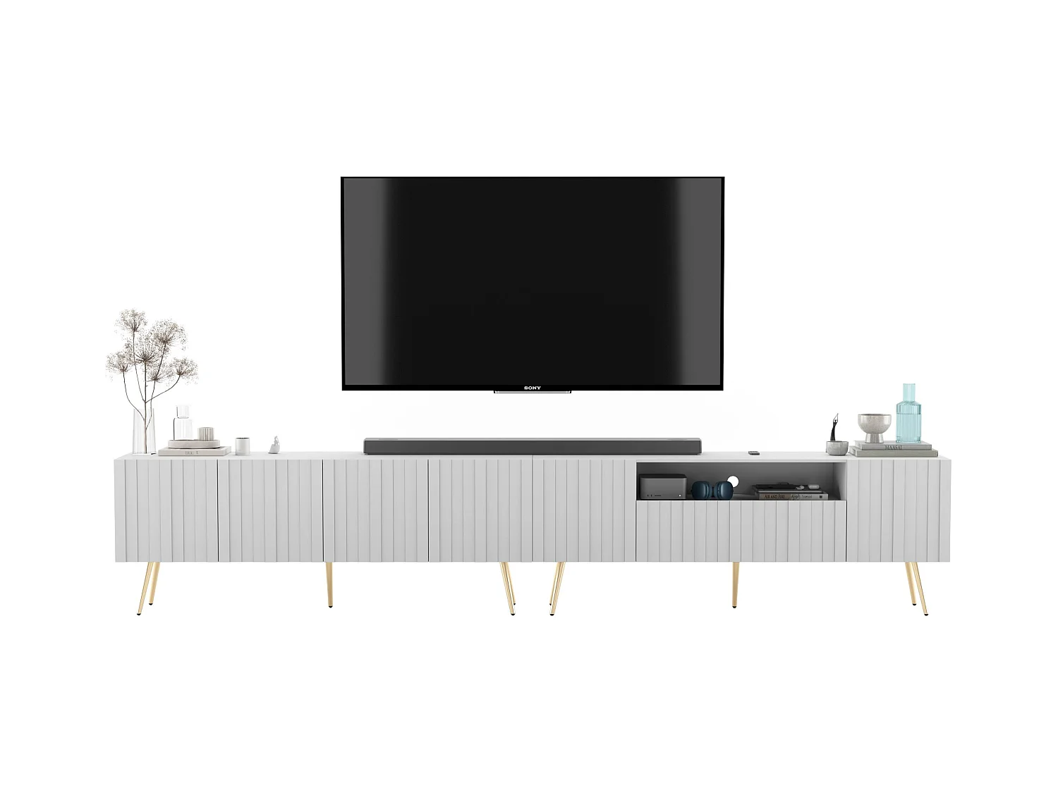 Meuble TV avec 7 portes et niche - Corps blanc mat, façades rainurées blanc mat - 300 cm, pieds dorés