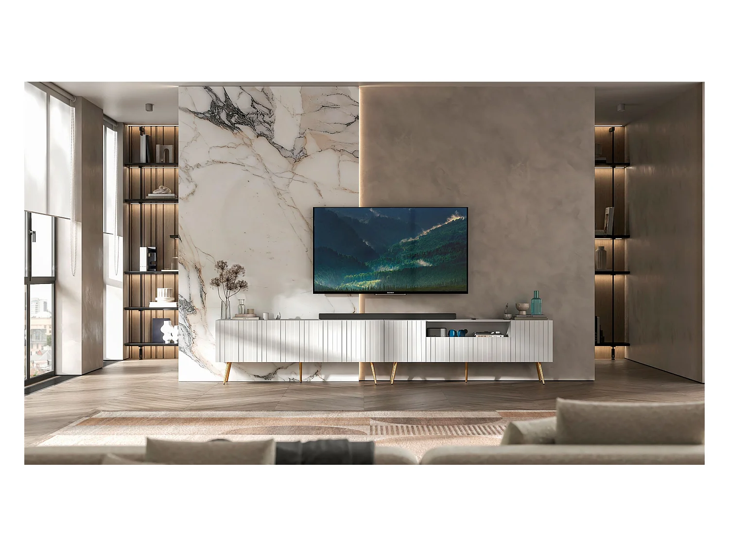 Meuble TV avec 7 portes et niche - Corps blanc mat, façades rainurées blanc mat - 300 cm, pieds dorés