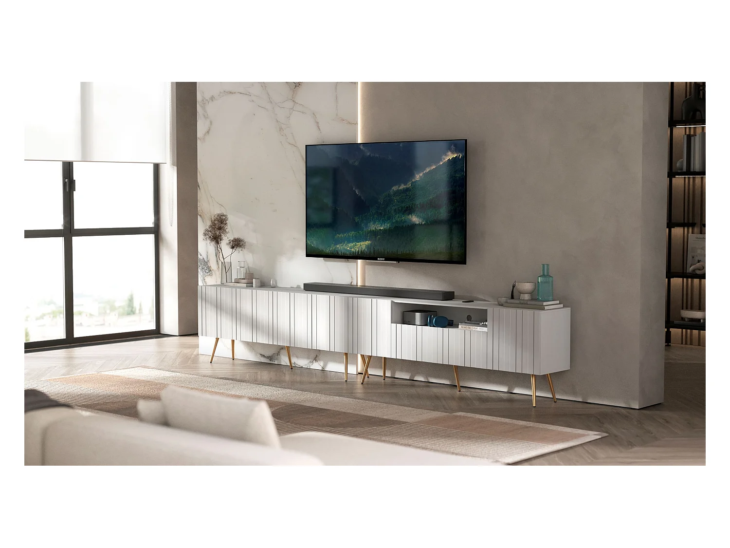 Meuble TV avec 7 portes et niche - Corps blanc mat, façades rainurées blanc mat - 300 cm, pieds dorés