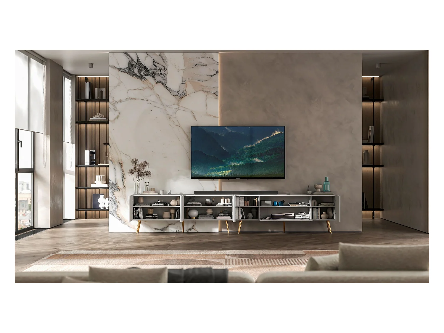 Meuble TV avec 7 portes et niche - Corps blanc mat, façades rainurées blanc mat - 300 cm, pieds dorés