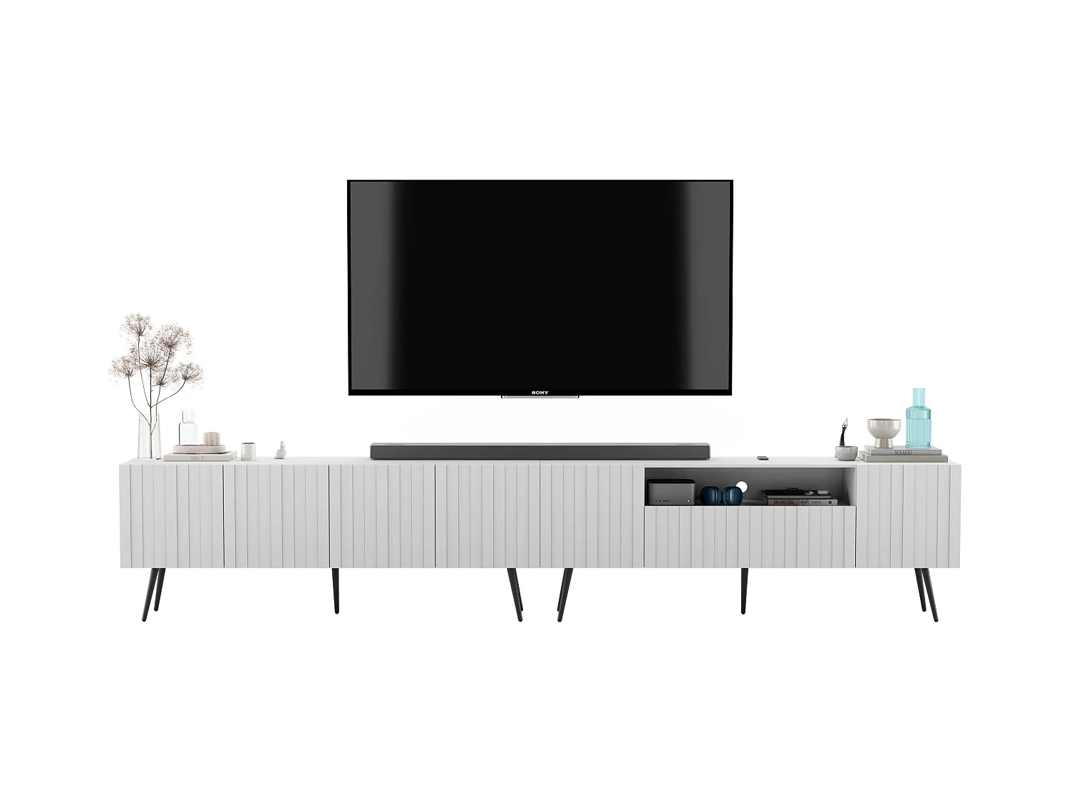 Meuble TV avec 7 portes et niche - Corps blanc mat, façades rainurées blanc mat - 300 cm, pieds dorés