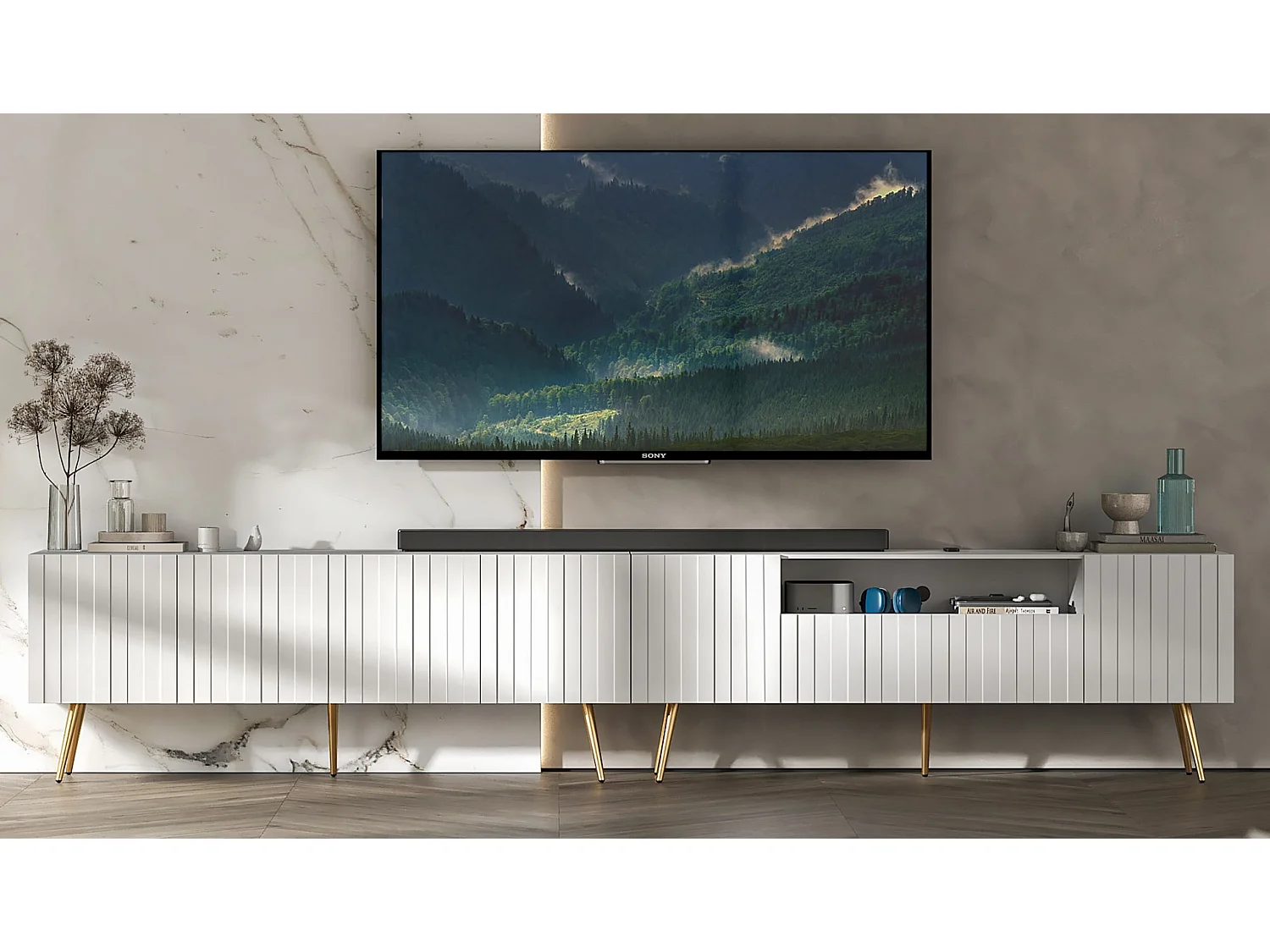 Meuble TV avec 7 portes et niche - Corps blanc mat, façades rainurées blanc mat - 300 cm, pieds dorés