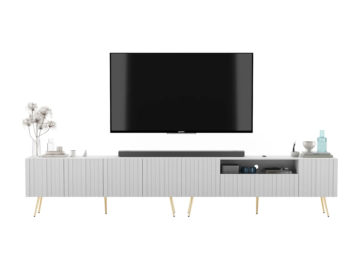 Meuble TV avec 7 portes et niche - Corps blanc mat, façades rainurées blanc mat - 300 cm, pieds dorés