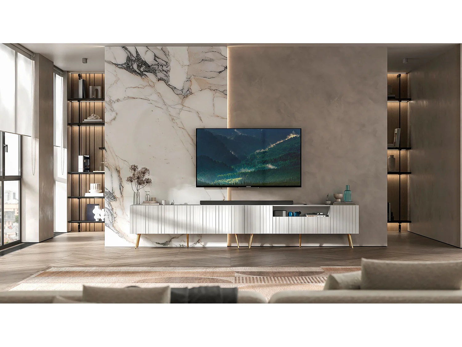 Meuble TV avec 7 portes et niche - Corps blanc mat, façades rainurées blanc mat - 300 cm, pieds dorés