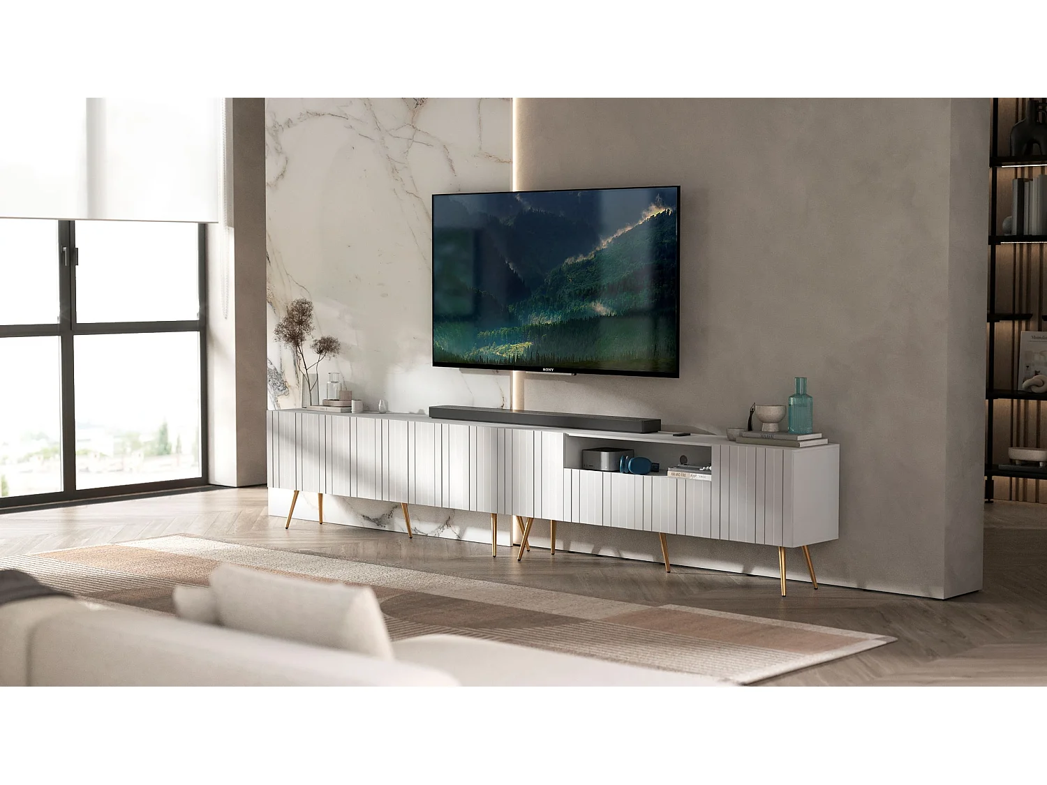 Meuble TV avec 7 portes et niche - Corps blanc mat, façades rainurées blanc mat - 300 cm, pieds dorés