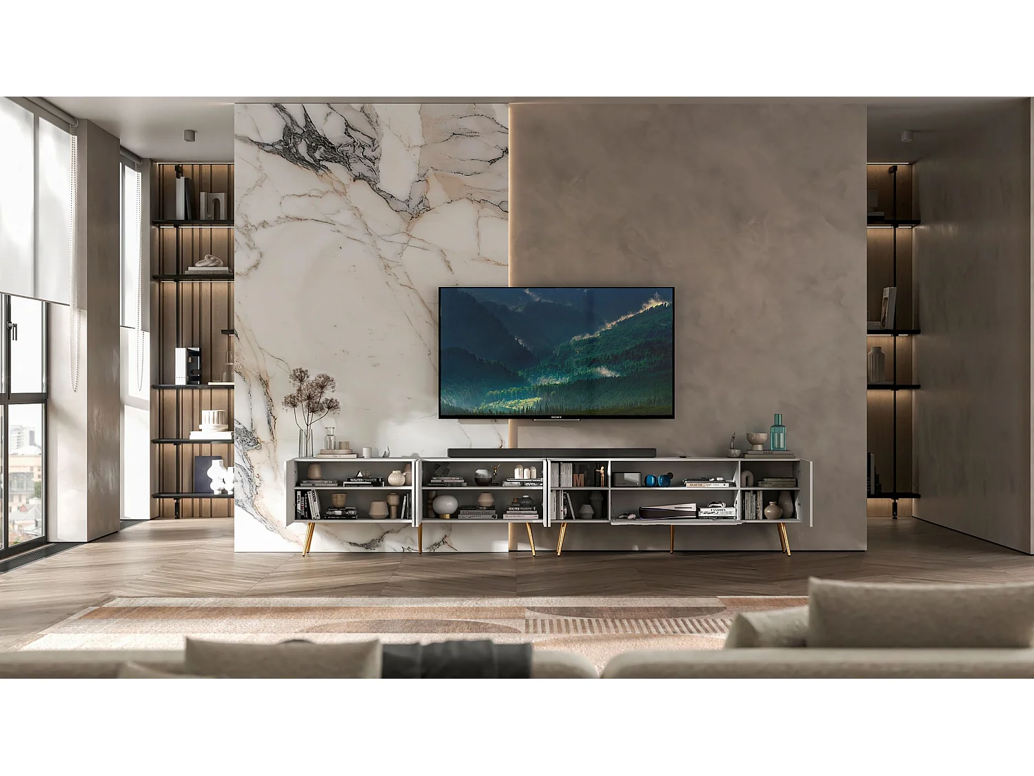 Meuble TV avec 7 portes et niche - Corps blanc mat, façades rainurées blanc mat - 300 cm, pieds dorés