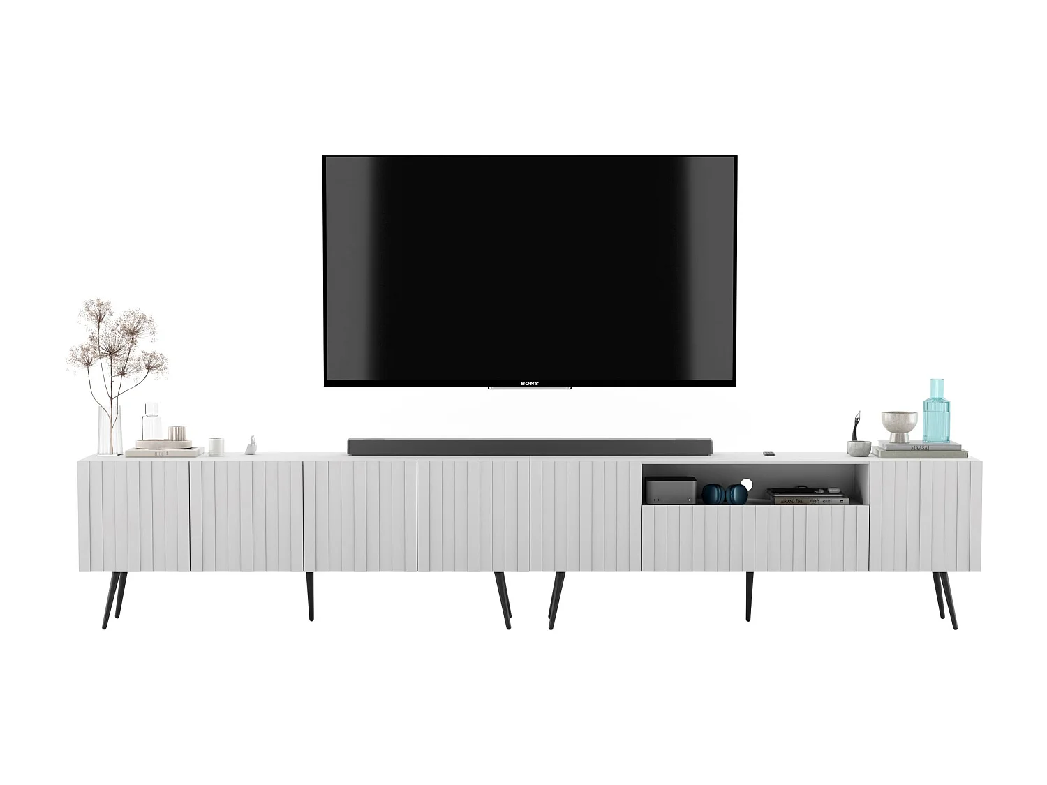 Meuble TV avec 7 portes et niche - Corps blanc mat, façades rainurées blanc mat - 300 cm, pieds dorés