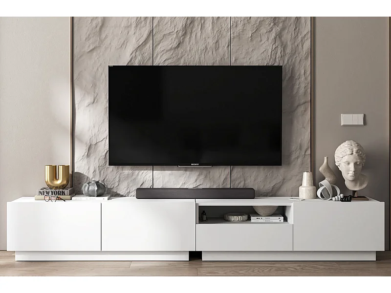 Meuble TV avec 3 portes et niche, tiroir - corps Blanc mat, façades Blanc mat - 240 cm, sur socle