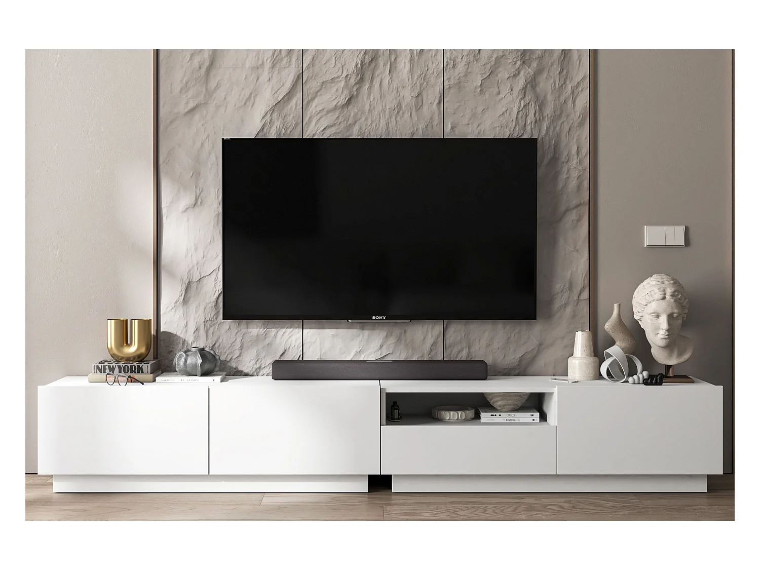 Meuble TV avec 3 portes et niche, tiroir - corps Blanc mat, façades Blanc mat - 240 cm, sur socle