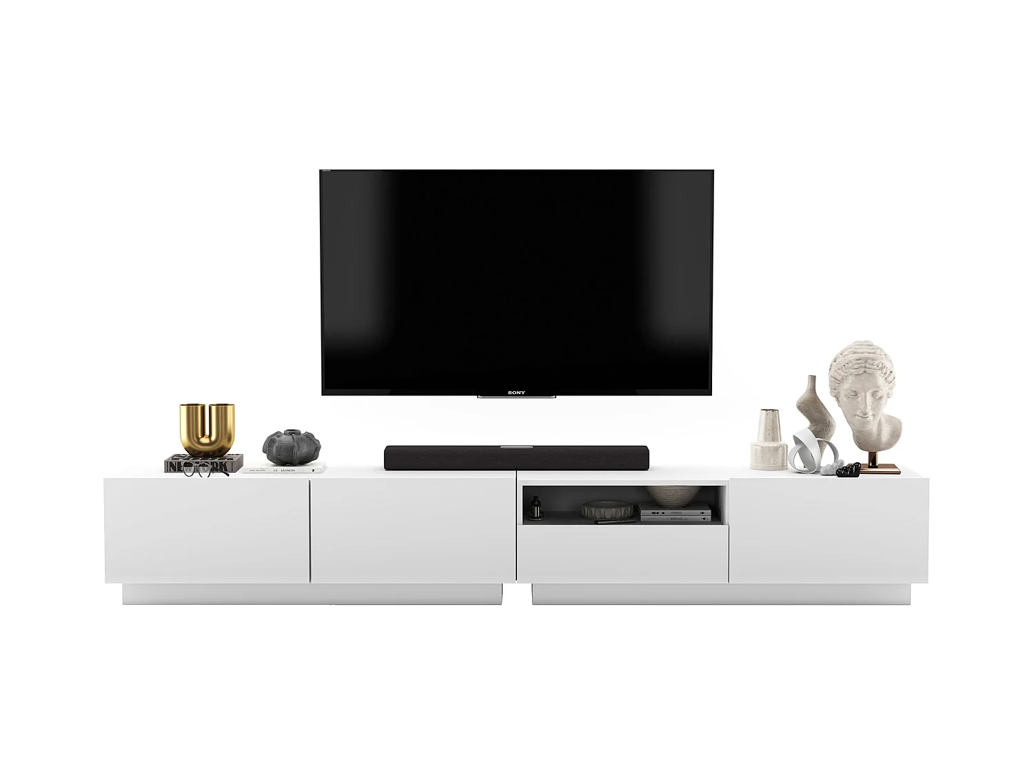 Meuble TV avec 3 portes et niche, tiroir - corps Blanc mat, façades Blanc mat - 240 cm, sur socle