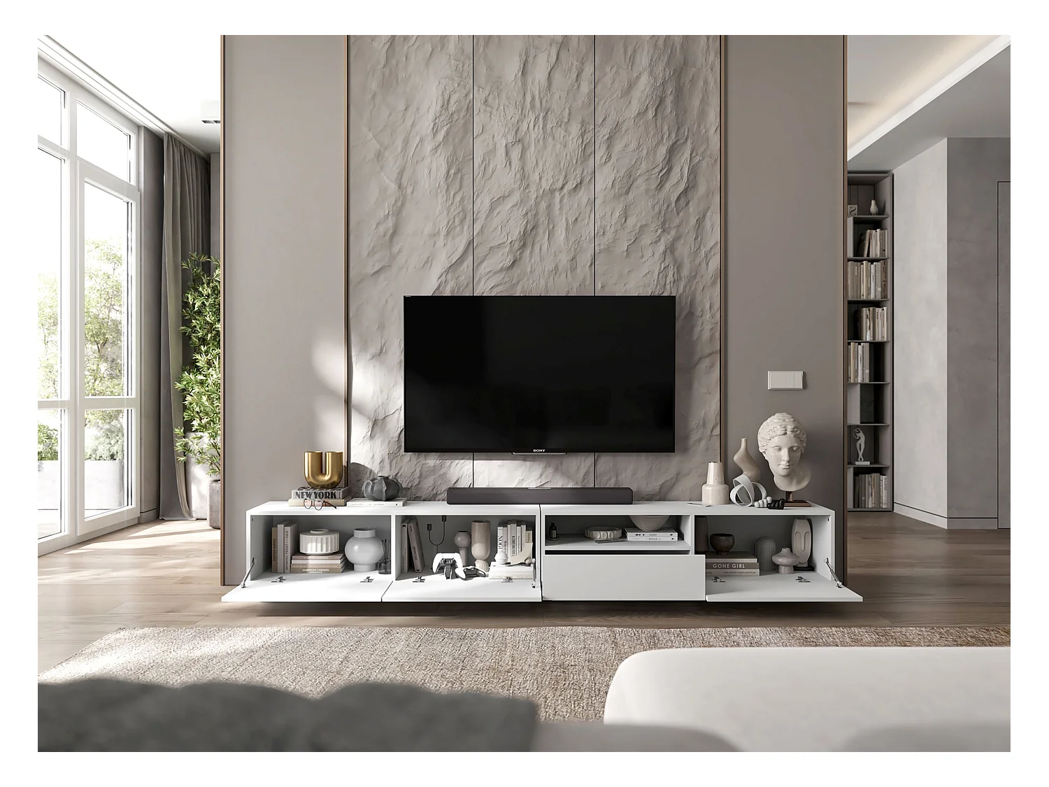 Meuble TV avec 3 portes et niche, tiroir - corps Blanc mat, façades Blanc mat - 240 cm, sur socle