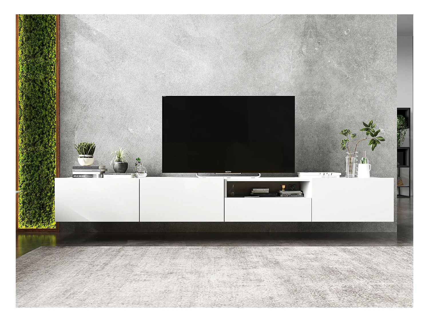 Meuble TV avec 3 portes et niche, tiroir - corps Blanc mat, façades Blanc mat - 240 cm, sur socle