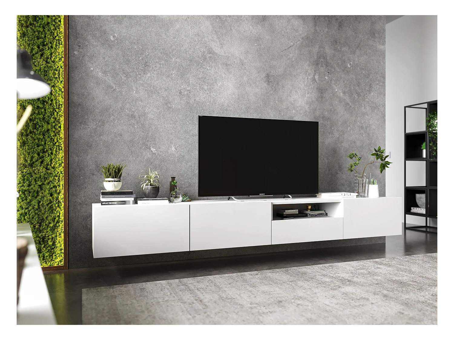 Meuble TV avec 3 portes et niche, tiroir - corps Blanc mat, façades Blanc mat - 240 cm, sur socle