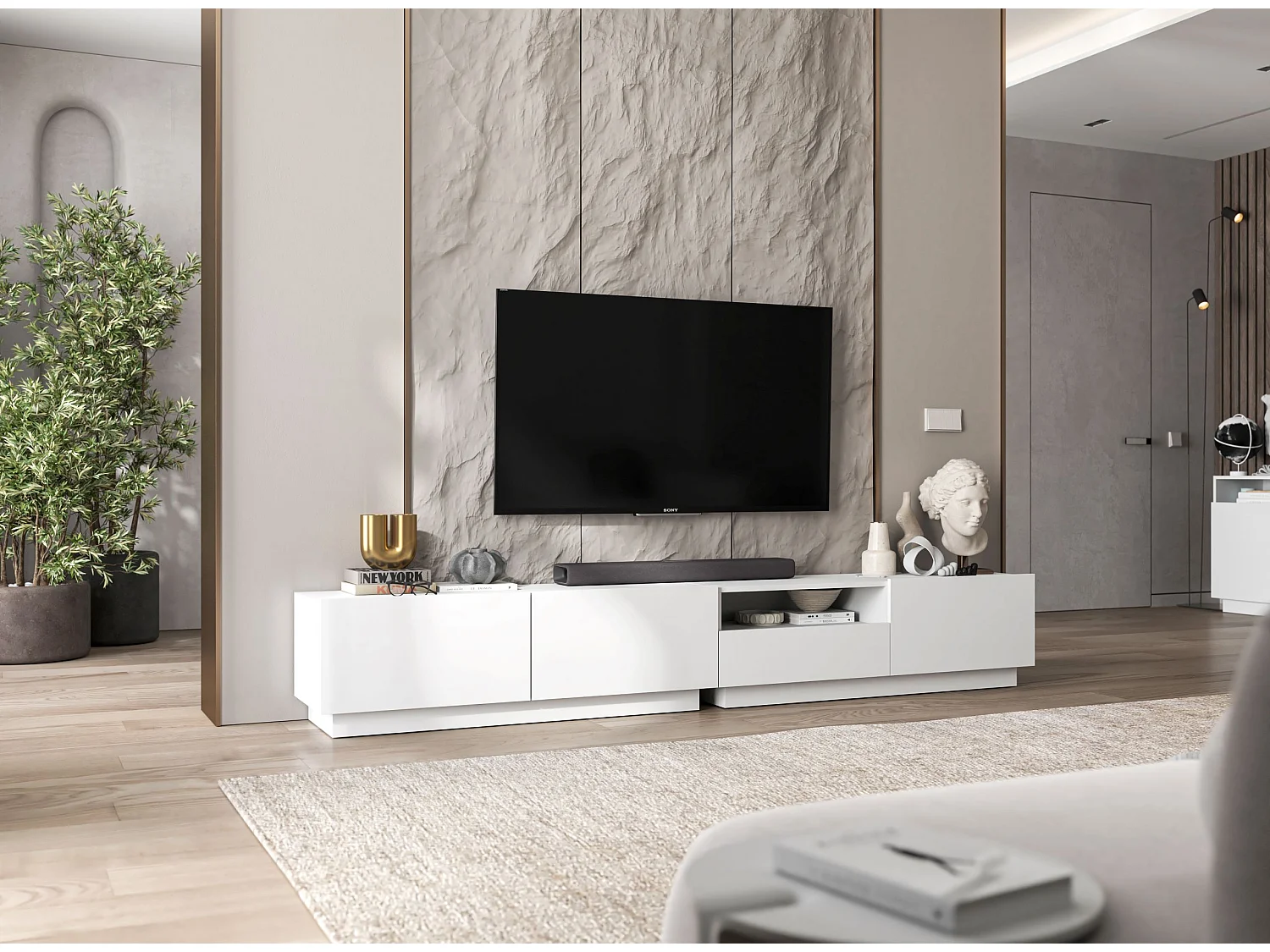 Meuble TV avec 3 portes et niche, tiroir - corps Blanc mat, façades Blanc mat - 240 cm, sur socle