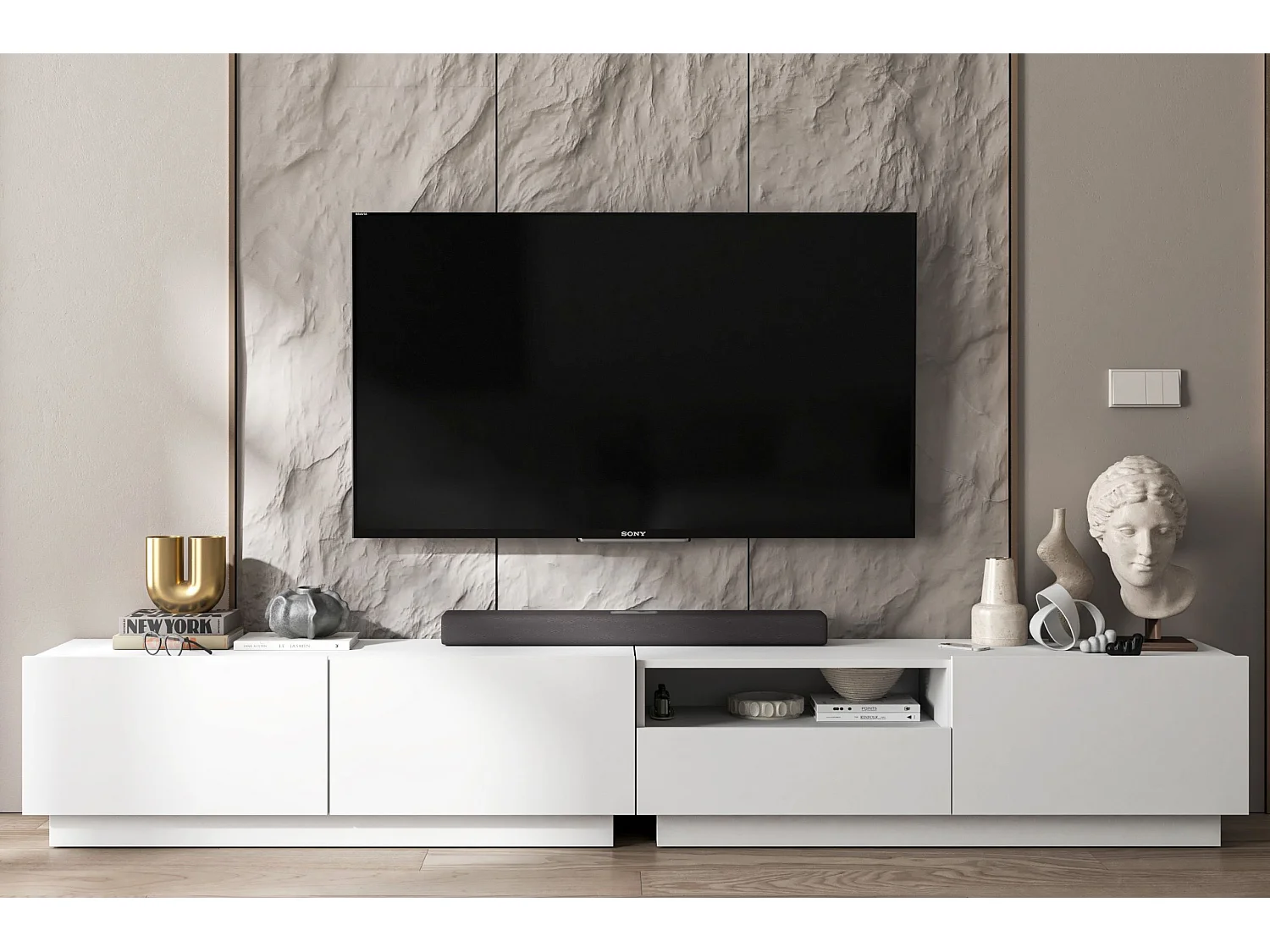 Móvel de TV com 3 portas e nicho, gaveta - corpo branco mate, frentes branco mate - 240 cm, sobre base