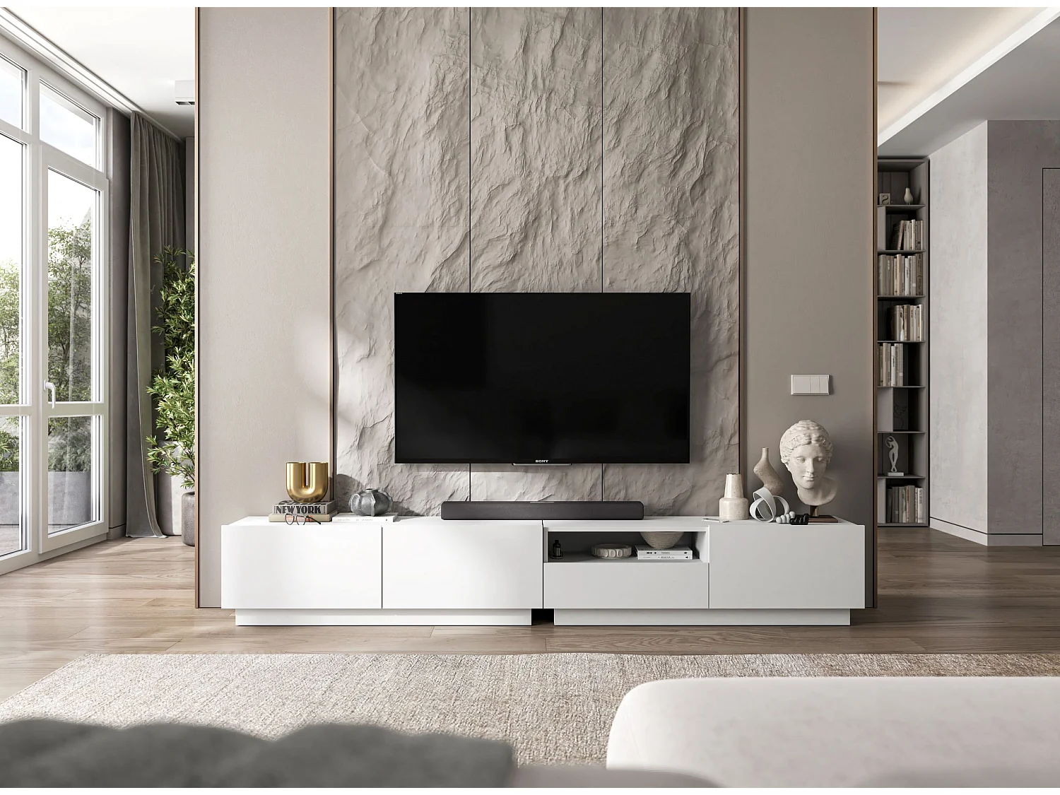 Móvel de TV com 3 portas e nicho, gaveta - corpo branco mate, frentes branco mate - 240 cm, sobre base