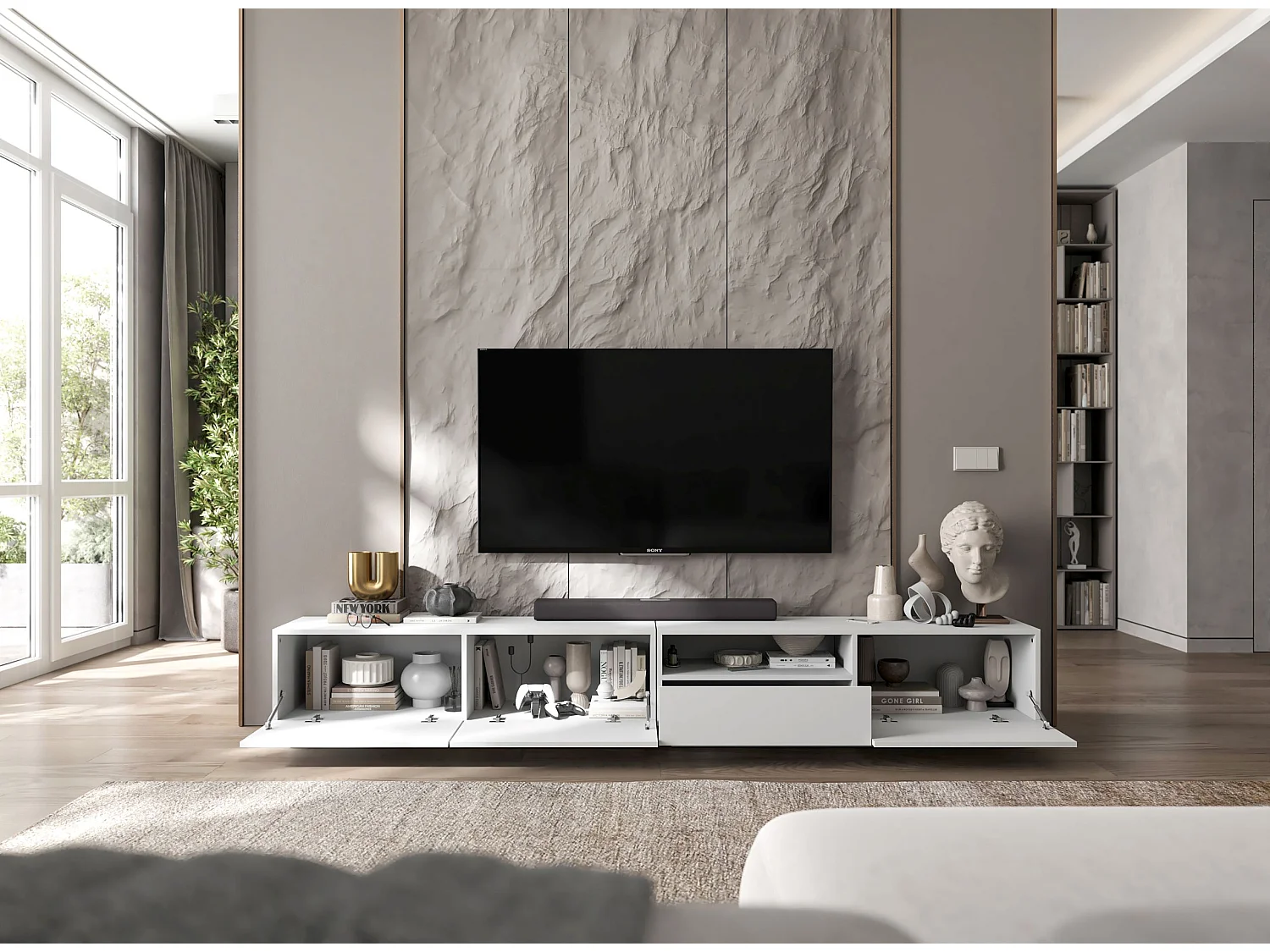 Móvel de TV com 3 portas e nicho, gaveta - corpo branco mate, frentes branco mate - 240 cm, sobre base