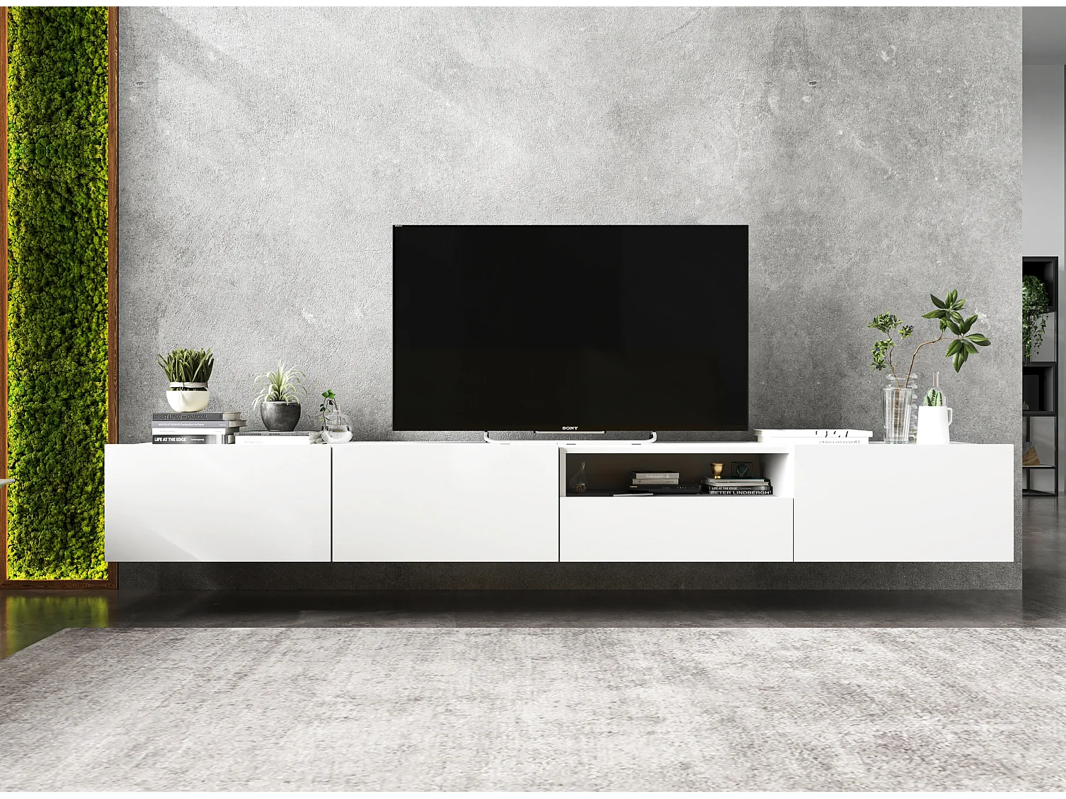 Móvel de TV com 3 portas e nicho, gaveta - corpo branco mate, frentes branco mate - 240 cm, sobre base
