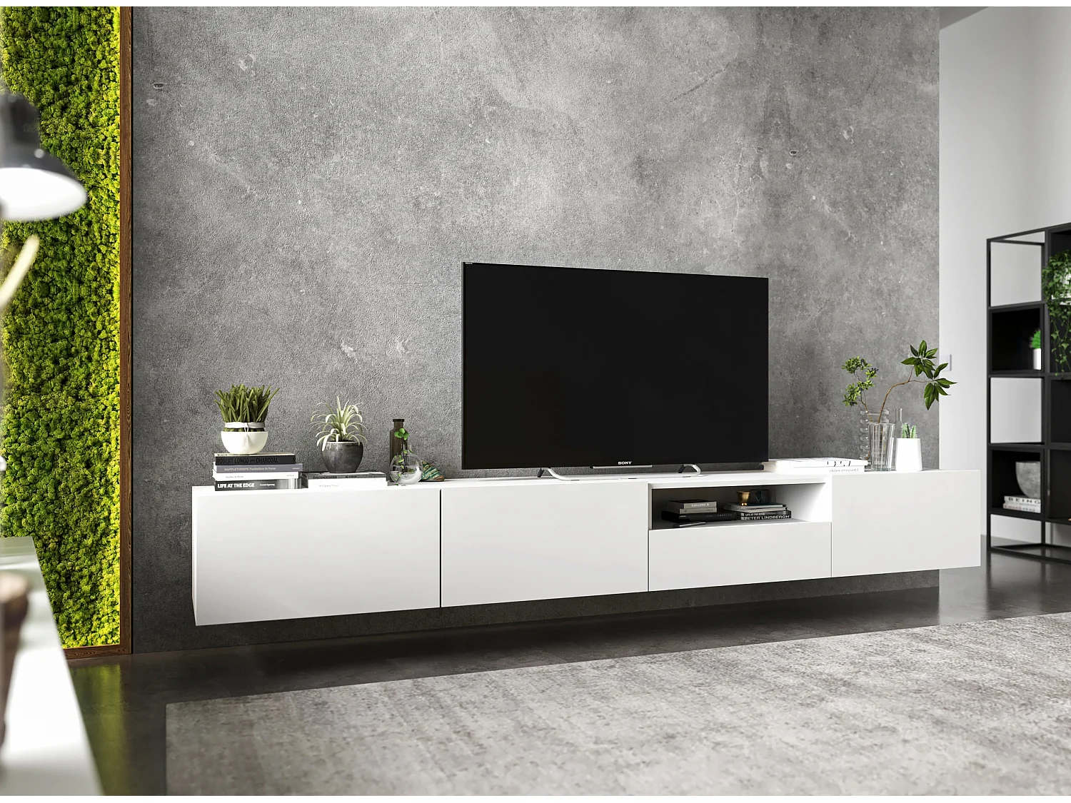 Móvel de TV com 3 portas e nicho, gaveta - corpo branco mate, frentes branco mate - 240 cm, sobre base