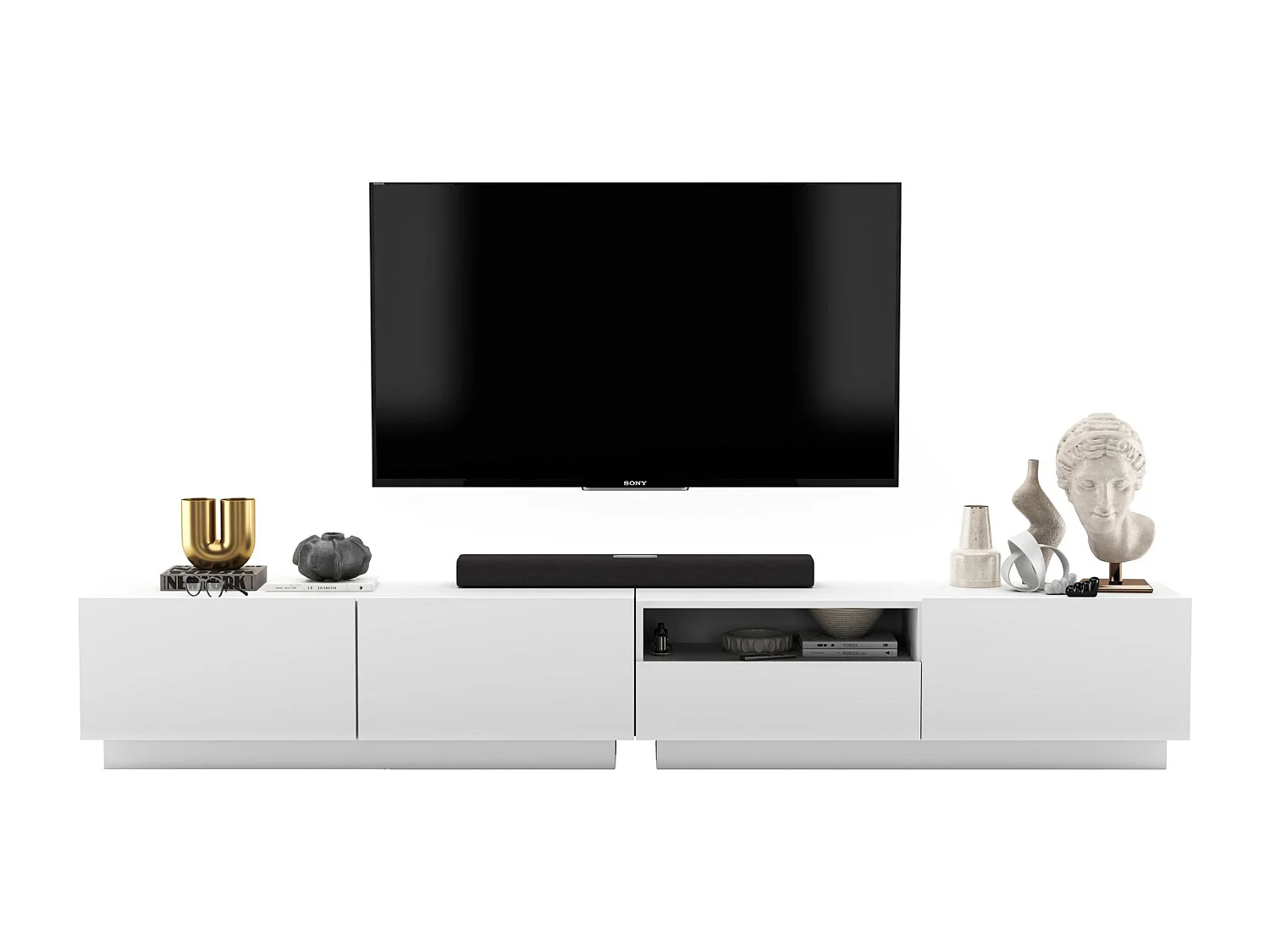 Móvel de TV com 3 portas e nicho, gaveta - corpo branco mate, frentes branco mate - 240 cm, sobre base