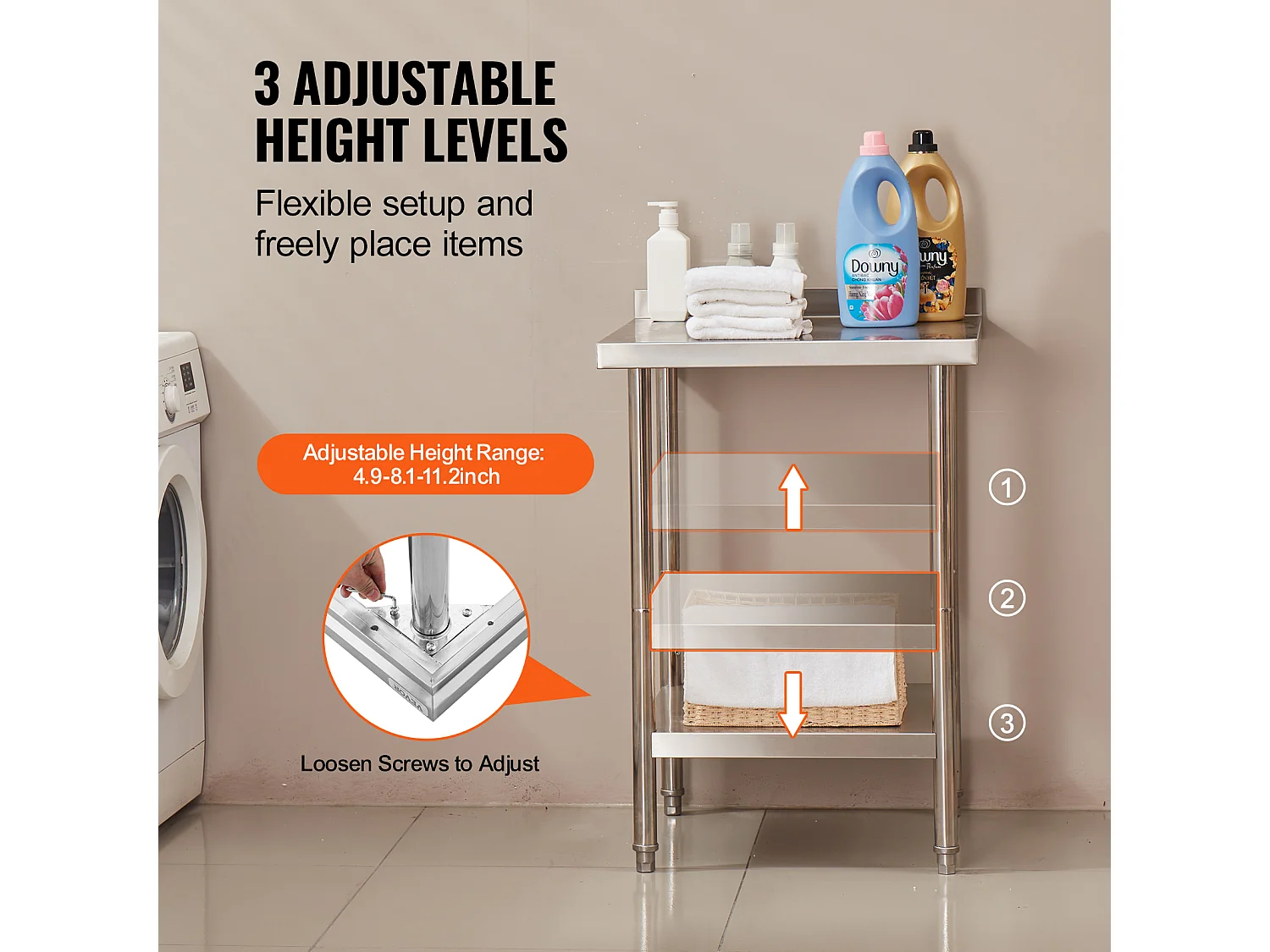 Table de Travail SucceBuy Table de Travail en Acier Inoxydable 60.96 x 60.96 cm Table de Préparation des Aliments pour Cuisine Commerciale