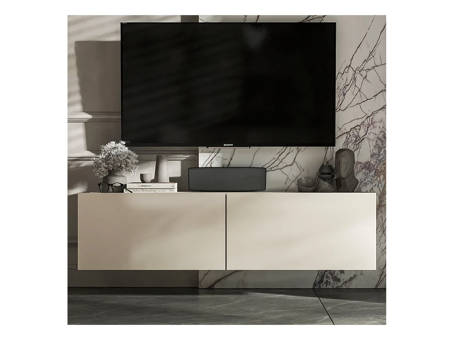 Meuble TV suspendu avec 2 portes - corps Cachemire mat, façades Cachemire mat - 120 cm