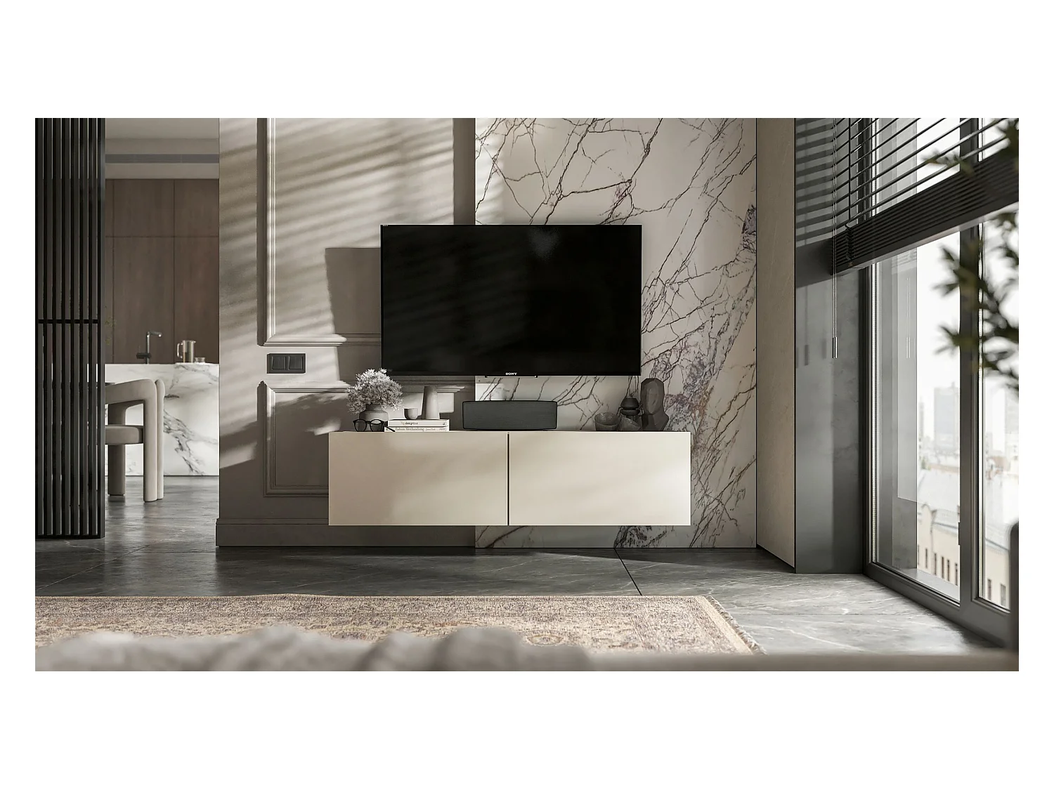 Meuble TV suspendu avec 2 portes - corps Cachemire mat, façades Cachemire mat - 120 cm