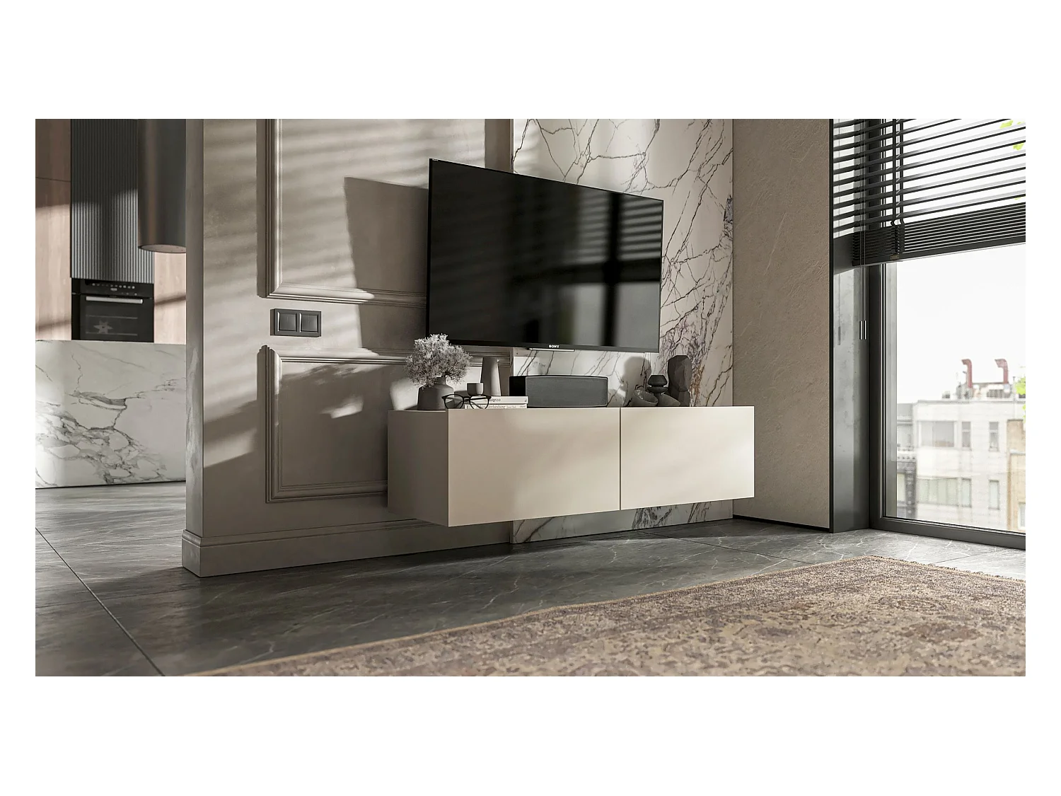 Meuble TV suspendu avec 2 portes - corps Cachemire mat, façades Cachemire mat - 120 cm