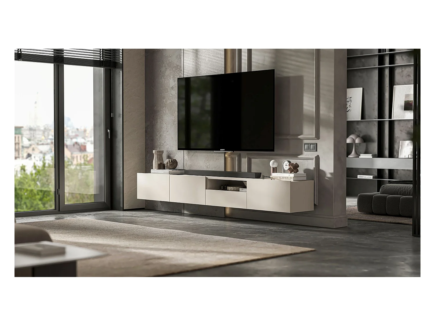 Meuble TV suspendu avec 2 portes - corps Cachemire mat, façades Cachemire mat - 120 cm