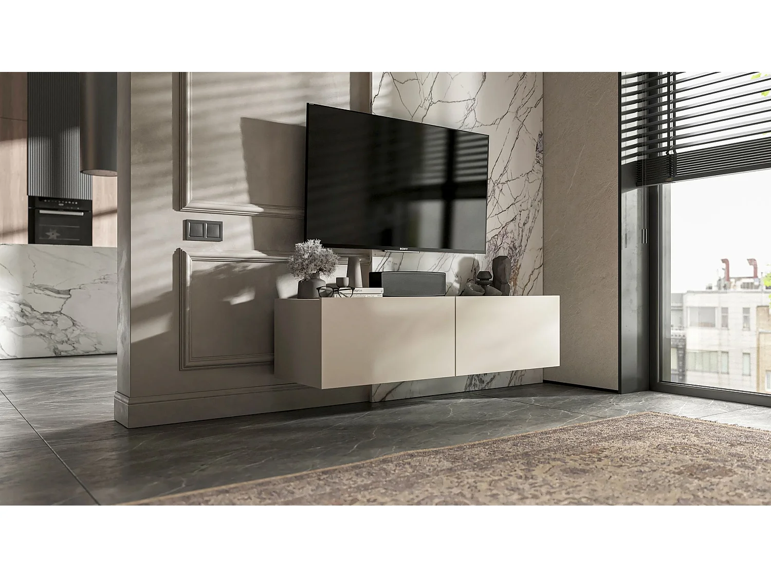 Meuble TV suspendu avec 2 portes - corps Cachemire mat, façades Cachemire mat - 120 cm