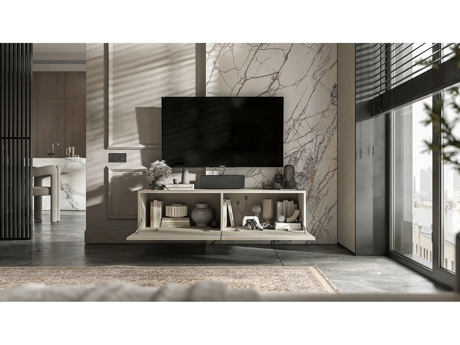 Meuble TV suspendu avec 2 portes - corps Cachemire mat, façades Cachemire mat - 120 cm