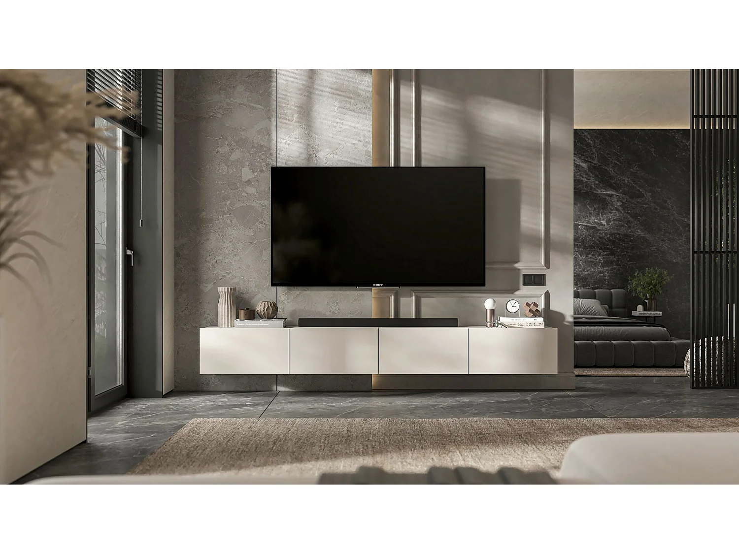 Meuble TV suspendu avec 2 portes - corps Cachemire mat, façades Cachemire mat - 120 cm