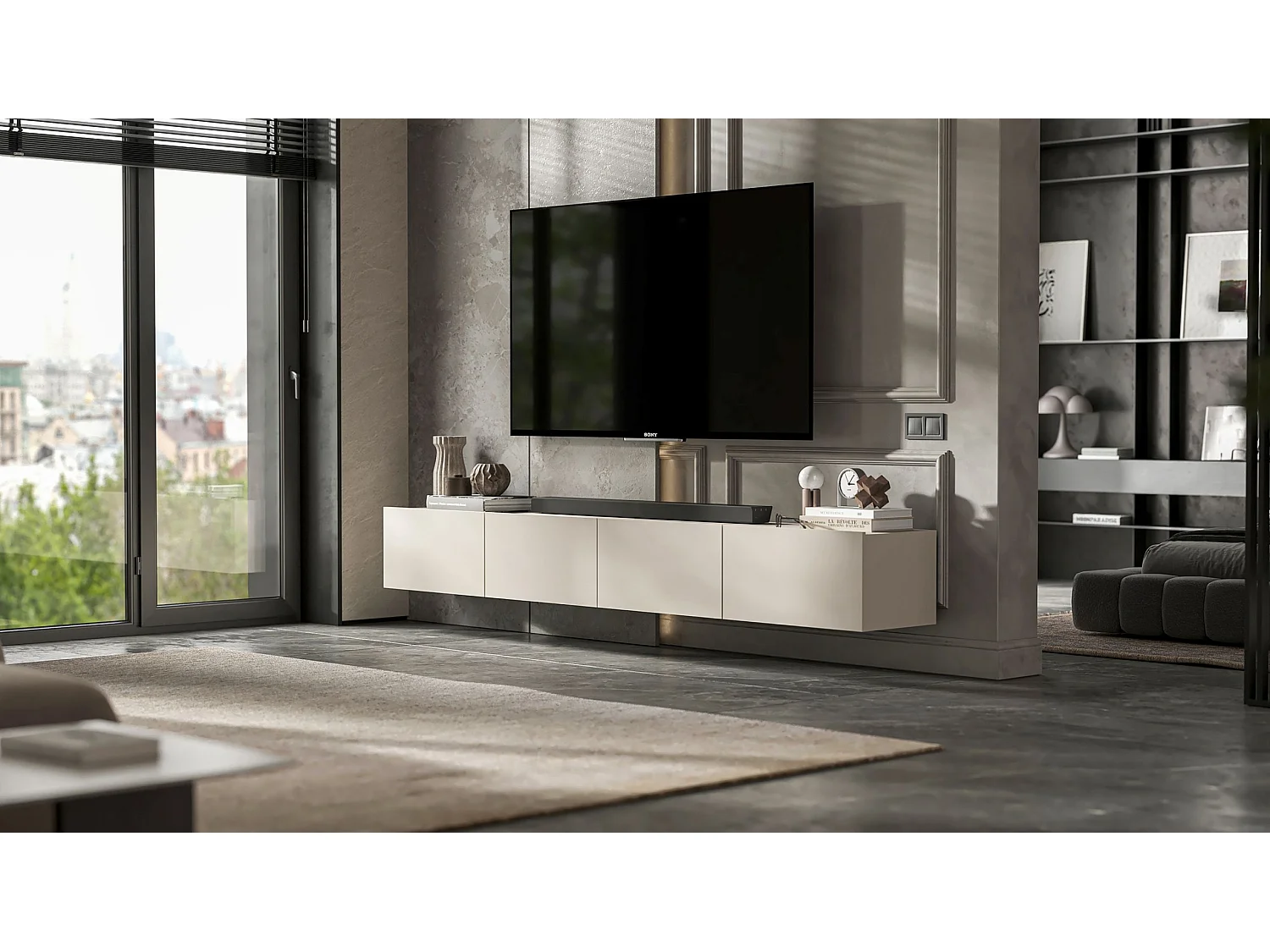 Meuble TV suspendu avec 2 portes - corps Cachemire mat, façades Cachemire mat - 120 cm