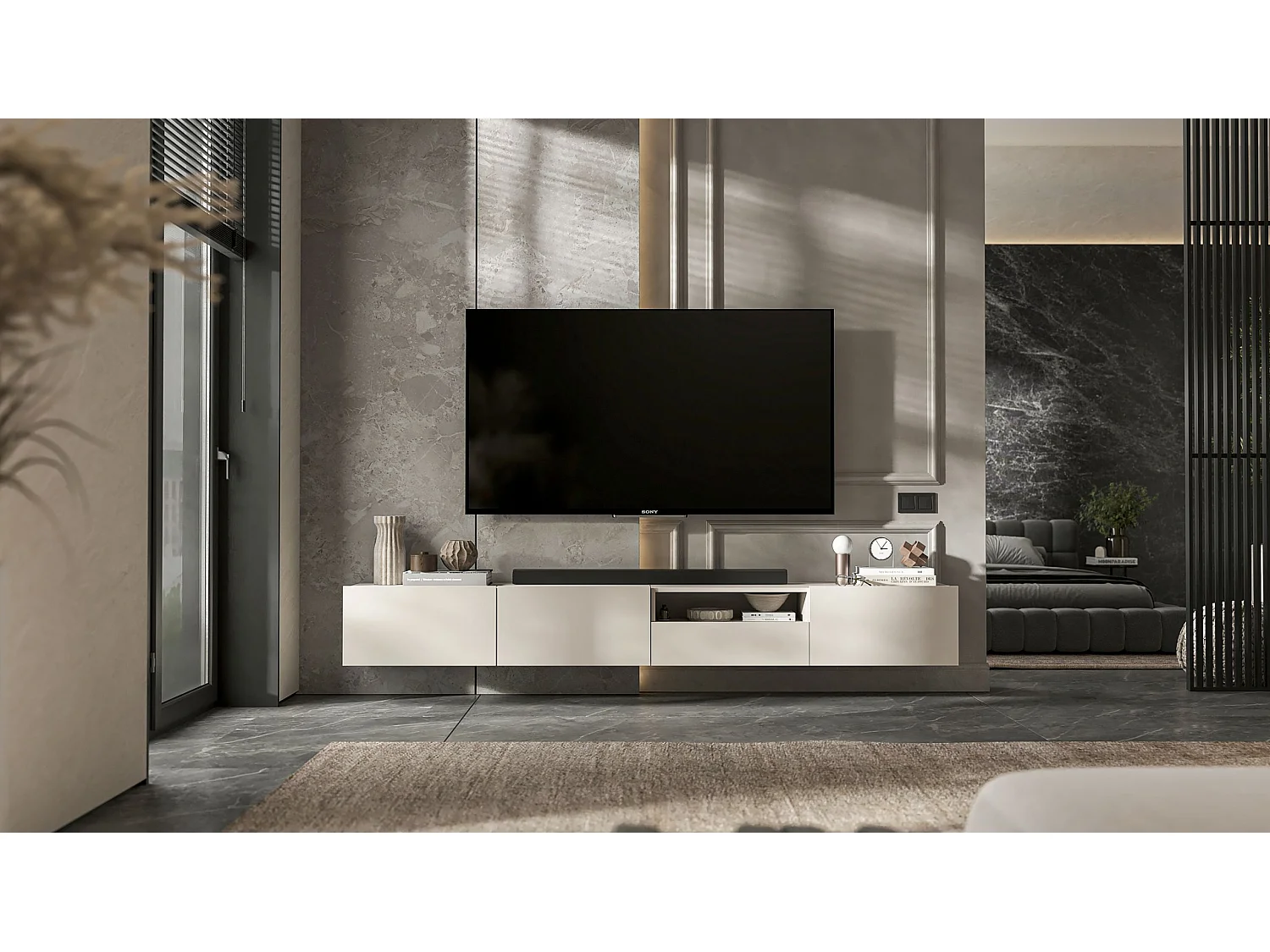 Meuble TV suspendu avec 2 portes - corps Cachemire mat, façades Cachemire mat - 120 cm