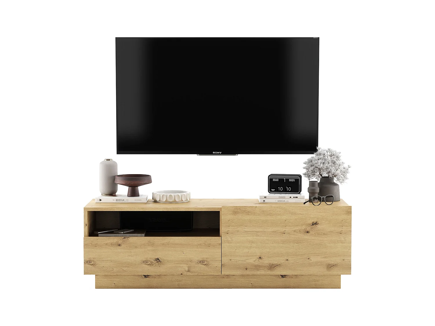 Meuble TV avec 1 portes et niche, tiroir - corps Chêne artisanal mat, façades Chêne artisanal mat - 120 cm, sur socle