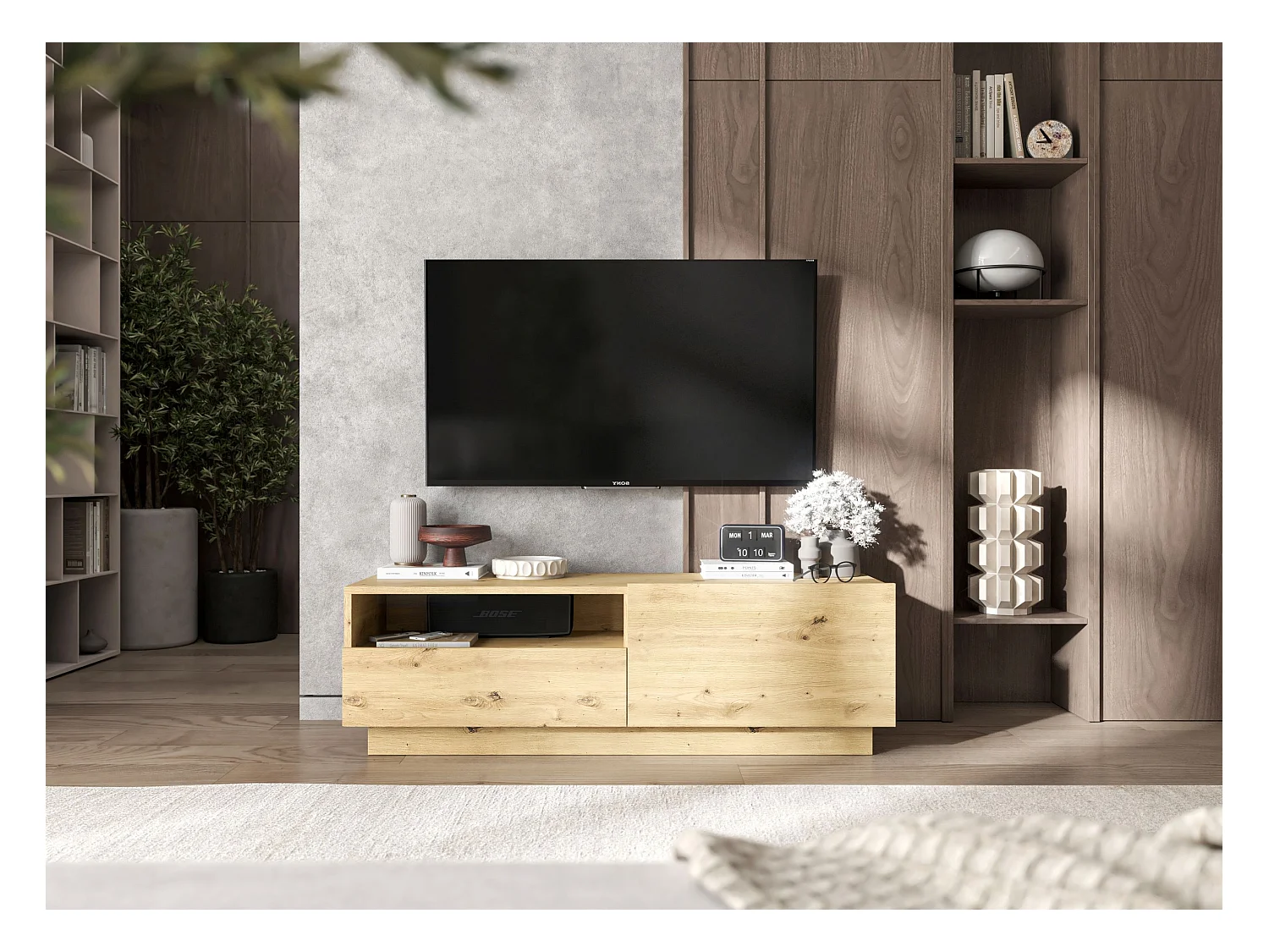 Meuble TV avec 1 portes et niche, tiroir - corps Chêne artisanal mat, façades Chêne artisanal mat - 120 cm, sur socle